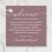 Mauve Script Trouw Welkomstcadeau Mand Tas Bedankjes Labels (Voorkant)