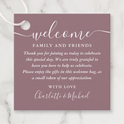Mauve Script Trouw Welkomstcadeau Mand Tas Bedankjes Labels (Voorkant)