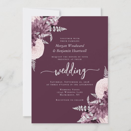 Mauve Silver Floral QR Code Wedding Kaart (Voorkant)