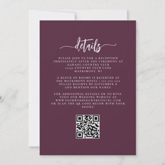 Mauve Silver Floral QR Code Wedding Kaart (Achterkant)