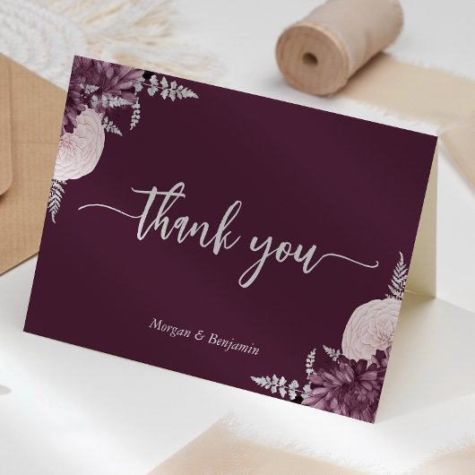 Mauve Silver Floral Script Wedding Bedankkaart