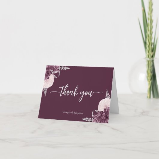Mauve Silver Floral Script Wedding Bedankkaart (Voorkant)