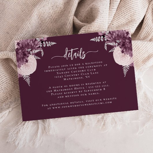 Mauve Silver Floral Wedding Details Informatiekaartje