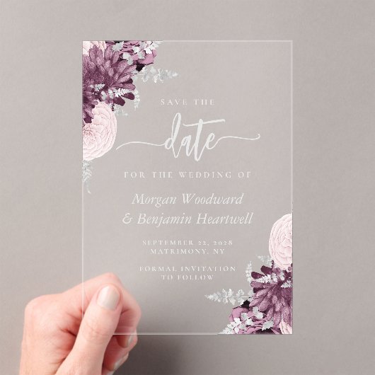Mauve Silver Floral Wedding Save the Date Acryl Uitnodigingen (Insitu (Draagbaar))