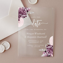 Mauve Silver Floral Wedding Save the Date Acryl Uitnodigingen