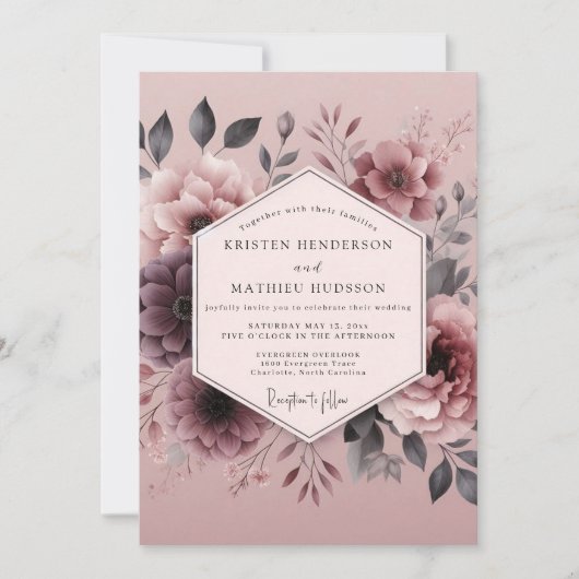 Mauve Somber Flora Wedding Kaart (Voorkant)