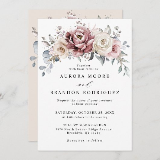 Mauve Stof Roze Khaki Bloemen Trouw Uitnodiging (Voorkant / Achterkant)