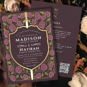 Mauve Sword Shield Fantasy Wedding QR-code Kaart