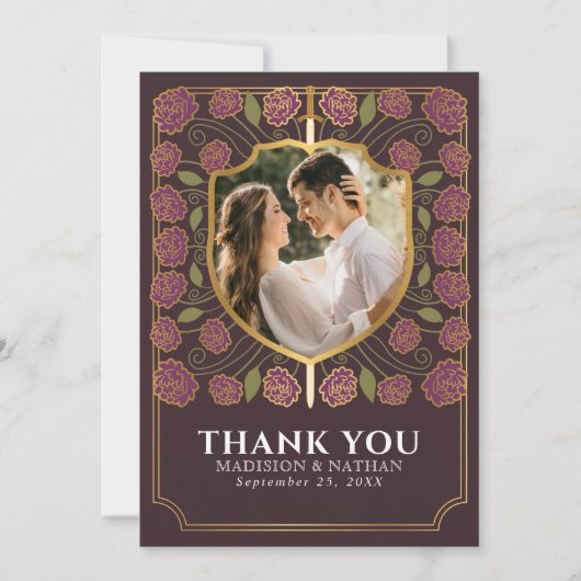 Mauve Sword & Shield middeleeuwse fantasie bruilof Bedankkaart (Voorkant)