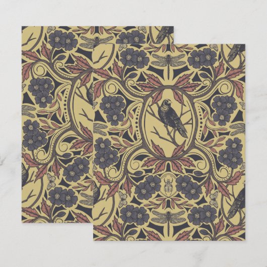 Mauve, Tan & Grey Crow & Dragonfly Floral Notitiekaartje (Voorkant / Achterkant)
