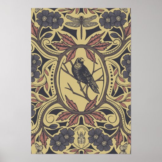 Mauve, Tan & Grey Crow & Dragonfly Floral Poster (Voorkant)