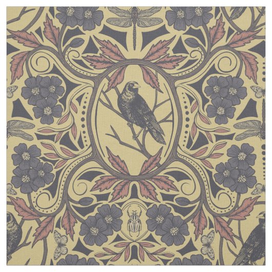 Mauve, Tan & Grey Crow & Dragonfly Floral Stof (Swatch)