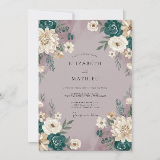 Mauve Teal Geschilderde Bruiloft Kaart (Voorkant)