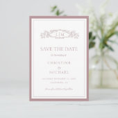 Mauve & Teracotta botanische kam monogram bruiloft Save The Date (Staand voorkant)