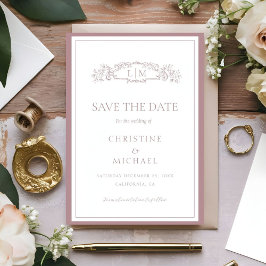Mauve & Teracotta botanische kam monogram bruiloft Save The Date