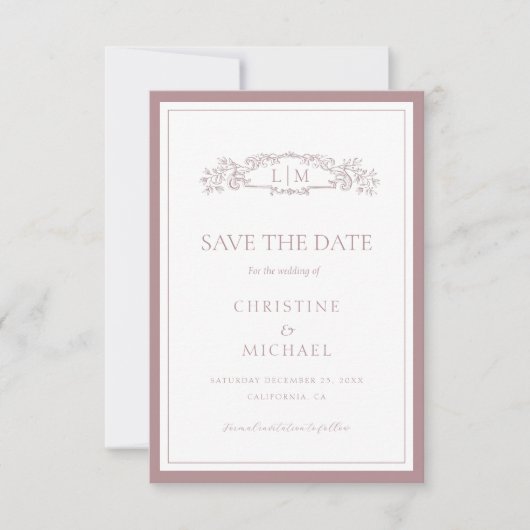 Mauve & Teracotta botanische kam monogram bruiloft Save The Date (Voorkant)