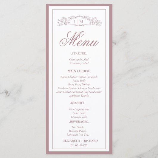 Mauve Terracotta botanische wapen monogram bruilof Menu (Voorkant)