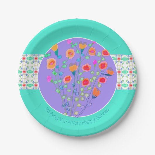 Mauve Turquoise en Floral Accented Papieren Bordje (Voorkant)