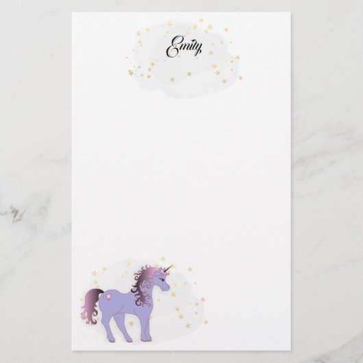 Mauve Unicorn en Gold Stars Briefpapier (Voorkant)