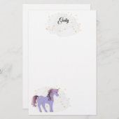 Mauve Unicorn en Gold Stars Briefpapier (Voorkant / Achterkant)