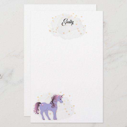 Mauve Unicorn en Gold Stars Briefpapier (Voorkant / Achterkant)