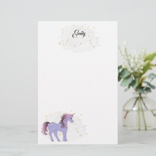Mauve Unicorn en Gold Stars Briefpapier (Staand voorkant)