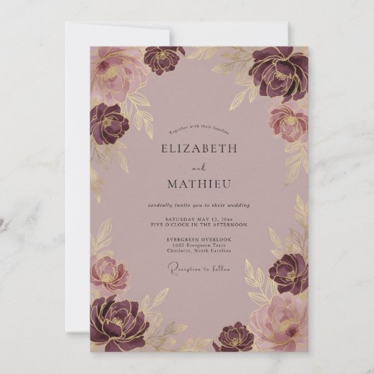 Mauve Vergulde Bloeiende Bruiloft Kaart (Voorkant)