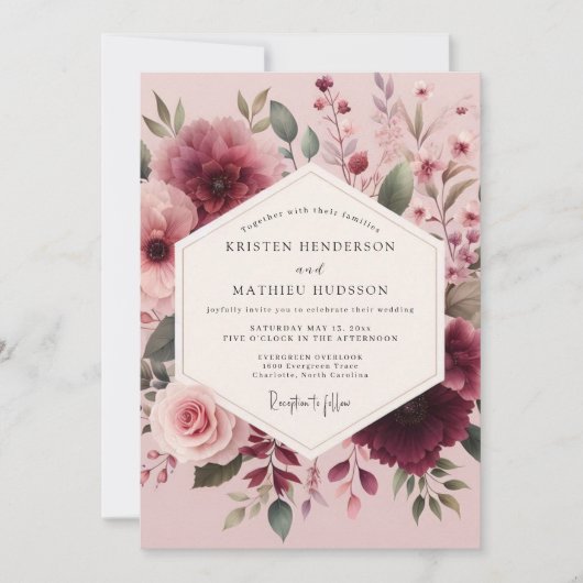 Mauve Watercolor Bloom Wedding Kaart (Voorkant)