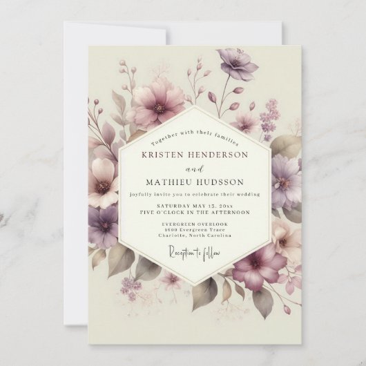 Mauve Waterverf Bloem Bruiloft Kaart (Voorkant)
