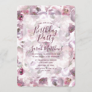 Mauve Waterverf Bloemen Verjaardagsfeestje Uitnodi Kaart
