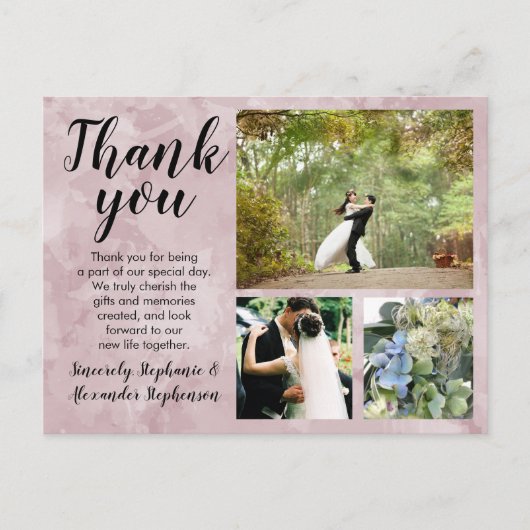 Mauve Waterverf bruiloft dank u aangepaste 3 foto Briefkaart (Voorkant)