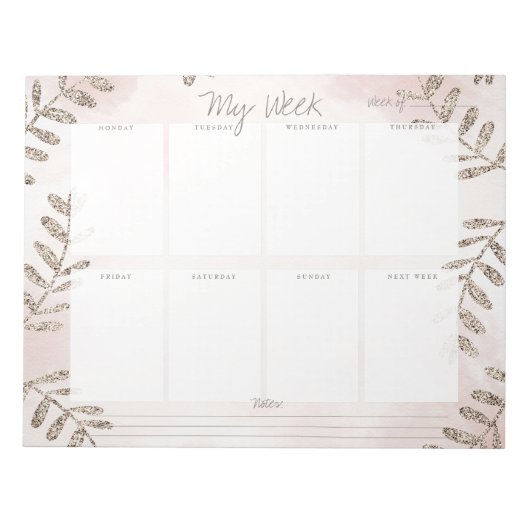 Mauve Waterverf Champagne Glitter Weekly Planner Notitieblok (Voorkant)