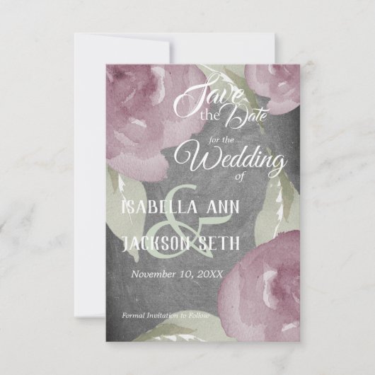 Mauve Waterverf Floral en Chalkboard Save The Date (Voorkant)