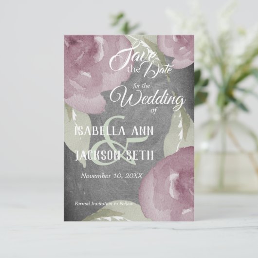 Mauve Waterverf Floral en Chalkboard Save The Date (Staand voorkant)
