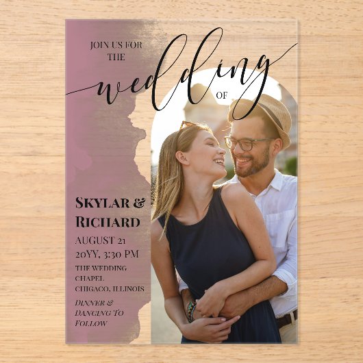 Mauve Waterverf Join Us Arch Fotobruiloft Acryl Uitnodigingen (Voorkant)