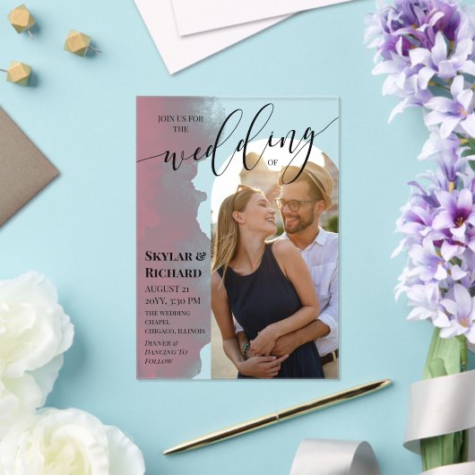 Mauve Waterverf Join Us Arch Fotobruiloft Acryl Uitnodigingen (Insitu (Huwelijk))