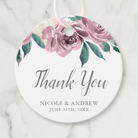 Mauve Waterverf Rozen Bloemenbruiloft Bedankjes Labels (Voorkant)