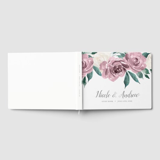 Mauve Waterverf Rozen Bloemenbruiloft Gastenboek (Volledig)