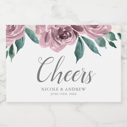 Mauve Waterverf Rozen Bloemenbruiloft Mini Sparkling Wijnetiket (Enkel label)