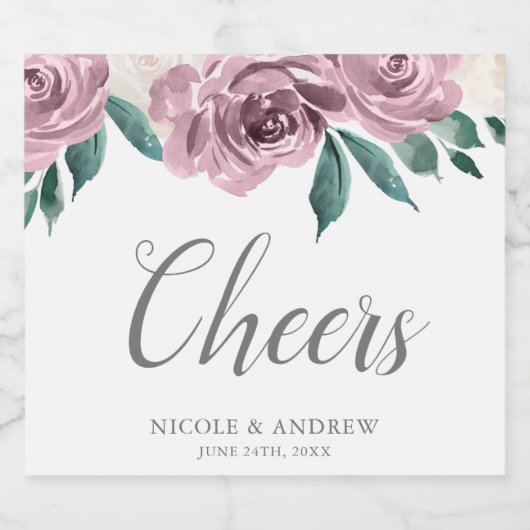 Mauve Waterverf Rozen Bloemenbruiloft Sparkling Wijnetiket (Enkel label)