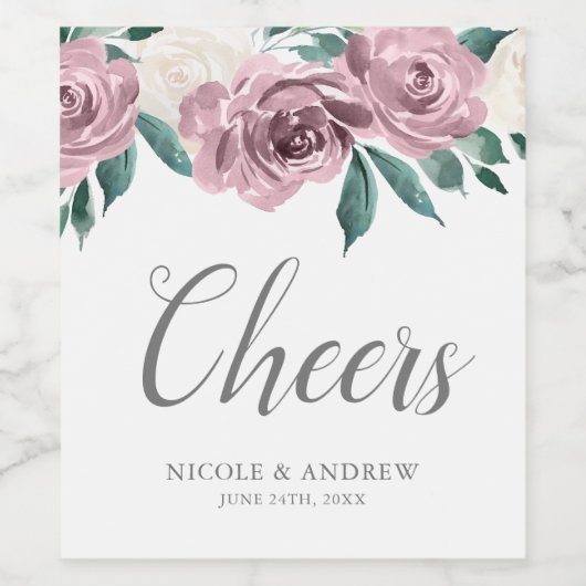 Mauve Waterverf Rozen Bloemenbruiloft Wijn Etiket (Enkel label)