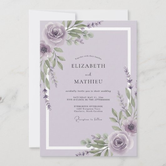 Mauve Waterverf Rozen Bruiloft Kaart (Voorkant)