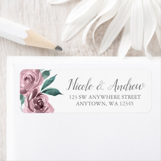 Mauve Waterverf Rozen Floral retour adres Etiket (Insitu)