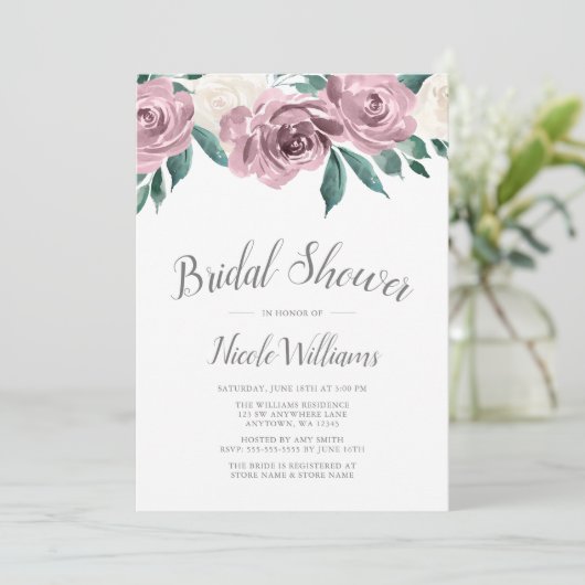 Mauve Waterverf Rozen Floral Vrijgezellenfeest Kaart (Staand voorkant)