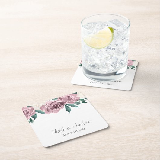 Mauve Waterverf Rozen Floral Wedding Custom Kartonnen Onderzetters (Insitu)