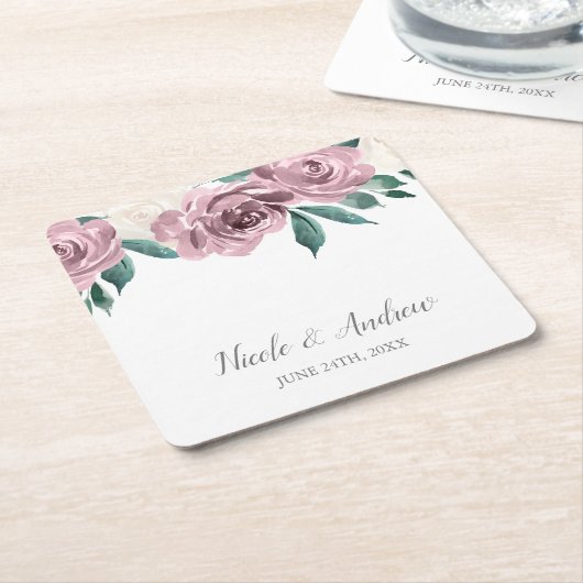 Mauve Waterverf Rozen Floral Wedding Custom Kartonnen Onderzetters (Schuin)