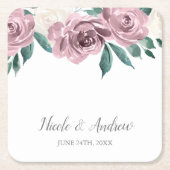 Mauve Waterverf Rozen Floral Wedding Custom Kartonnen Onderzetters (Voorkant)