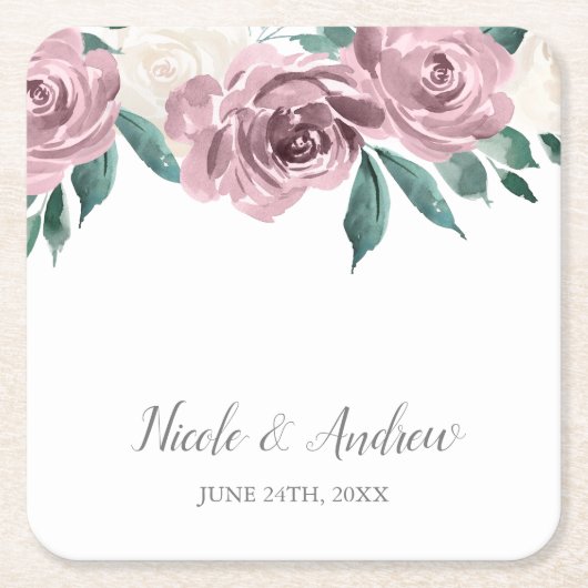 Mauve Waterverf Rozen Floral Wedding Custom Kartonnen Onderzetters (Voorkant)