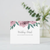 Mauve Waterverf Rozen Floral Wedding Details Informatiekaartje (Staand voorkant)