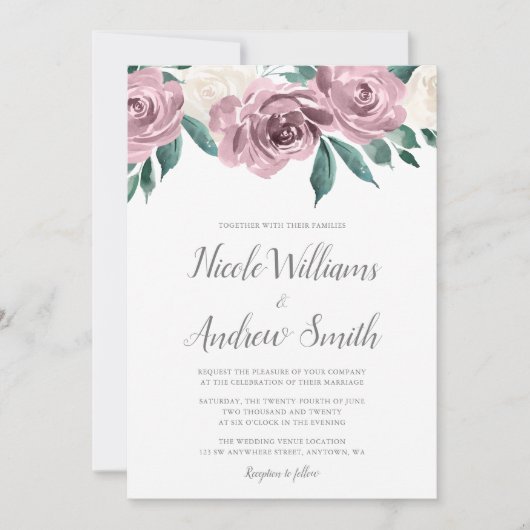 Mauve Waterverf Rozen Floral Wedding Invitations Kaart (Voorkant)
